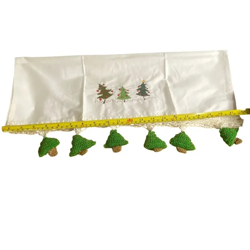 Handmade Cotton Kitchen Towel w/ Embroidered Christmas Trees & Crocheted Fringe
